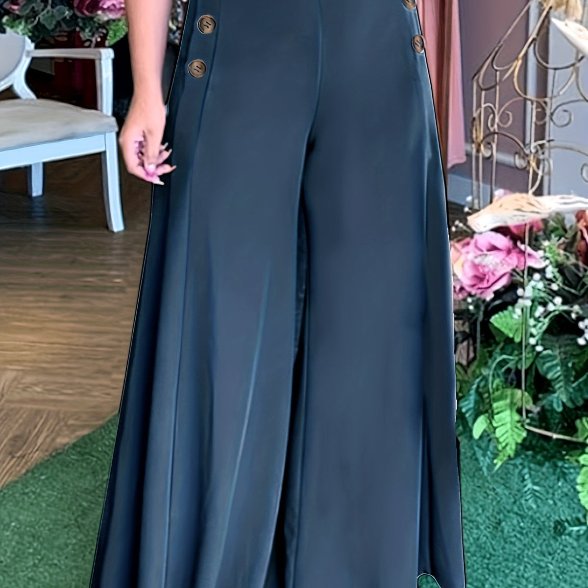 vlovelaw Plus Size Casual Pants, Women's Plus Solid Elastic Button Decor High Rise Loose Fit Wide Leg Trousers