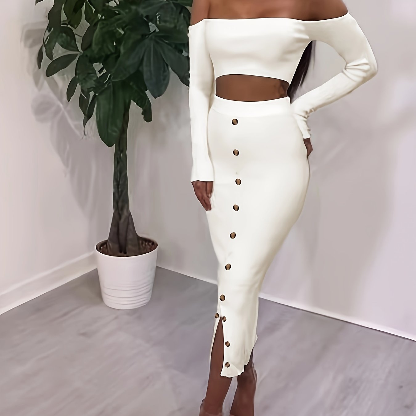vlovelaw  Solid Color Two-piece Skirt Set, Off Shoulder Long Sleeve Crop Top & Button Decor Split Skirt Outfits, Women's Clothing