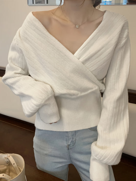 vlovelaw  Surplice Neck Cinched Waist Sweater, Chic Solid Color Long Sleeve Sweater For Fall & Winter, Women's Clothing