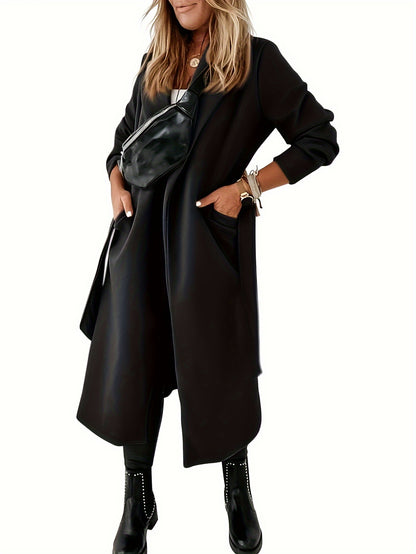 Open Front Mid Length Coat, Casual Solid Long Sleeve Outerwear, Women's Clothing
