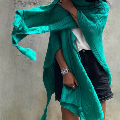 vlovelaw  Ribbed Knitted Tassel Shawl Warm Windproof Wrap Poncho Boho Solid Color Cloak Trendy Sweater Cape Cardigan