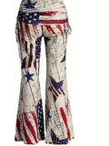 vlovelaw  Flag Print Flare Leg Pants, Casual Ruched High Waist Pants For Spring & Fall, Women's Clothing