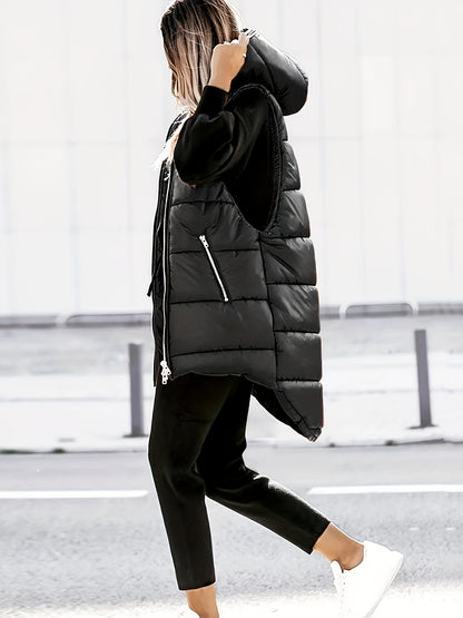 vlovelaw  Sleeveless Oversized Parka, Zip Up Solid Casual Outwear For Winter & Fall, Women's Clothing