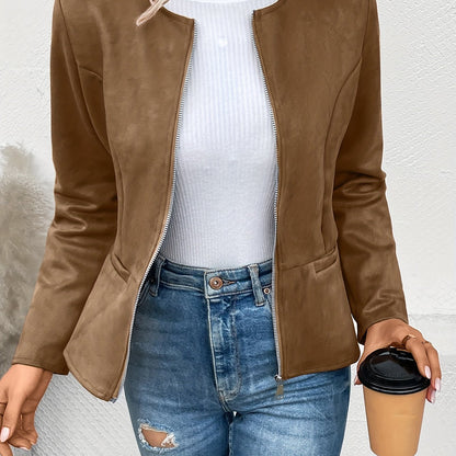 vlovelaw Solid Zip Up Jacket, Casual Long Sleeve Crew Neck Outerwear For Spring & Fall, Women's Clothing