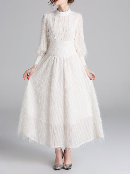 vlovelaw  Solid Mock Neck Fluffy Dress, Elegant Lantern Long Sleeve Dress For Spring & Fall, Women's Clothing