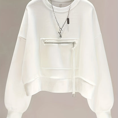 vlovelaw Zipper Pocket Pullover Sweatshirt, Casual Long Sleeve Crew Neck Sweatshirt For Fall & Winter, Women's Clothing