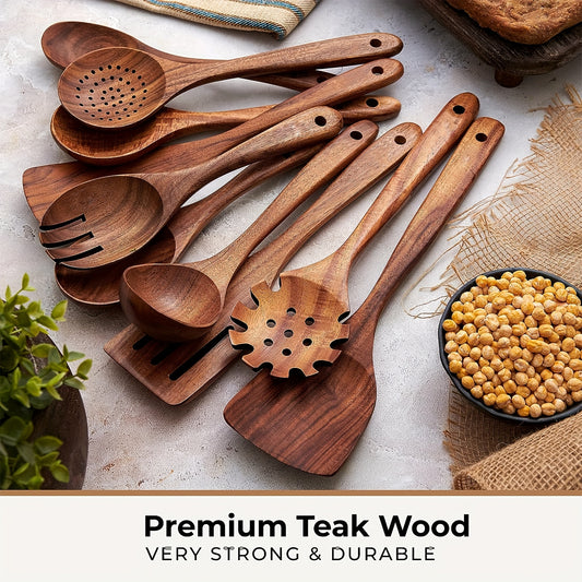 10pcs Premium Wooden Spoons Set - Sturdy, Lightweight, Heat Resistant, Non-Stick, Easy to Clean Cooking Utensils - Kitchen Essentials, Baking Supplies, Cooking Accessories, Utensil Holder Box Included