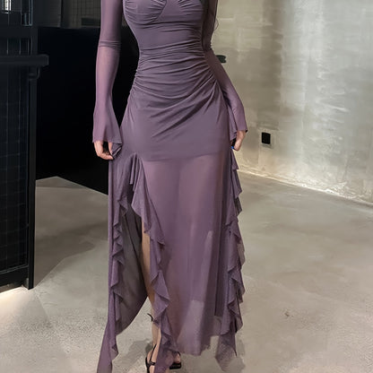 vlovelaw Solid Ruffle Trim Split Asymmetrical Dress, Elegant Flare Sleeve Mesh Ruched Dress, Women's Clothing