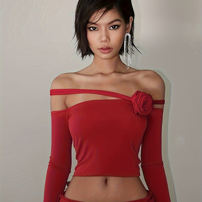 vlovelaw  Solid Off Shoulder Stereo Flower T-shirt, Y2K Long Sleeve Asymmetric Sexy Top, Women's Clothing
