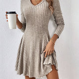 vlovelaw  Solid Ribbed V Neck Dress, Casual Long Sleeve A-line Dress, Women's Clothing