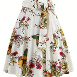 vlovelaw  Polka Dot Print Pleated Skirts, Vintage Bow Flare Skirts For Spring & Summer, Women's Clothing