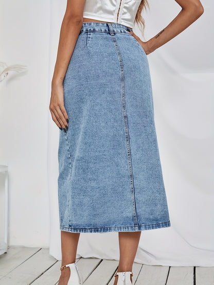 vlovelaw  Single-breasted Button Denim Skirts, Patched Pocket Slim Fitted Elegant Denim Skirts, Women's Denim Clothing