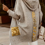 Sequined Letter Open Front Knit Cardigan, Casual Long Sleeve Hooded Sweater Coat With Pocket, Women's Clothing