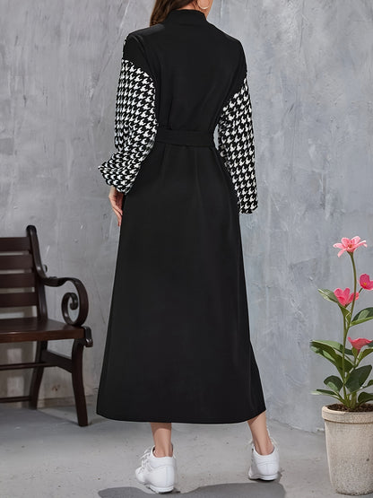 vlovelaw  Houndstooth Print Splicing Mock Neck Dress, Casual Cinched Waist Long Sleeve Belted Dress, Women's Clothing
