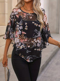 Floral Print Asymmetrical Blouse, Elegant Crew Neck Summer Blouse, Women's Clothing