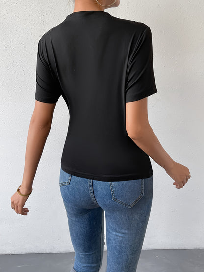 Solid Ruched Crew Neck T-Shirt, Casual Short Sleeve T-Shirt For Spring & Summer, Women's Clothing