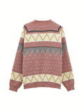 vlovelaw Graphic Pattern Mock Neck Sweater, Casual Long Sleeve Sweater For Fall & Winter, Women's Clothing