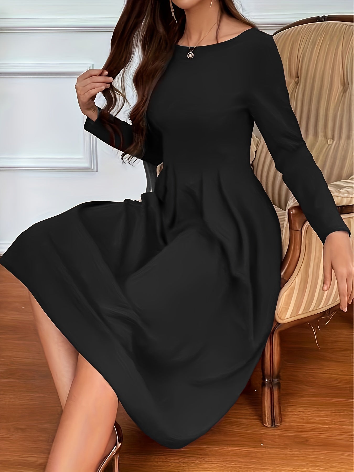 Solid Crew Neck Pleated Dress, Elegant Long Sleeve Swing Dress For Spring & Fall, Women's Clothing
