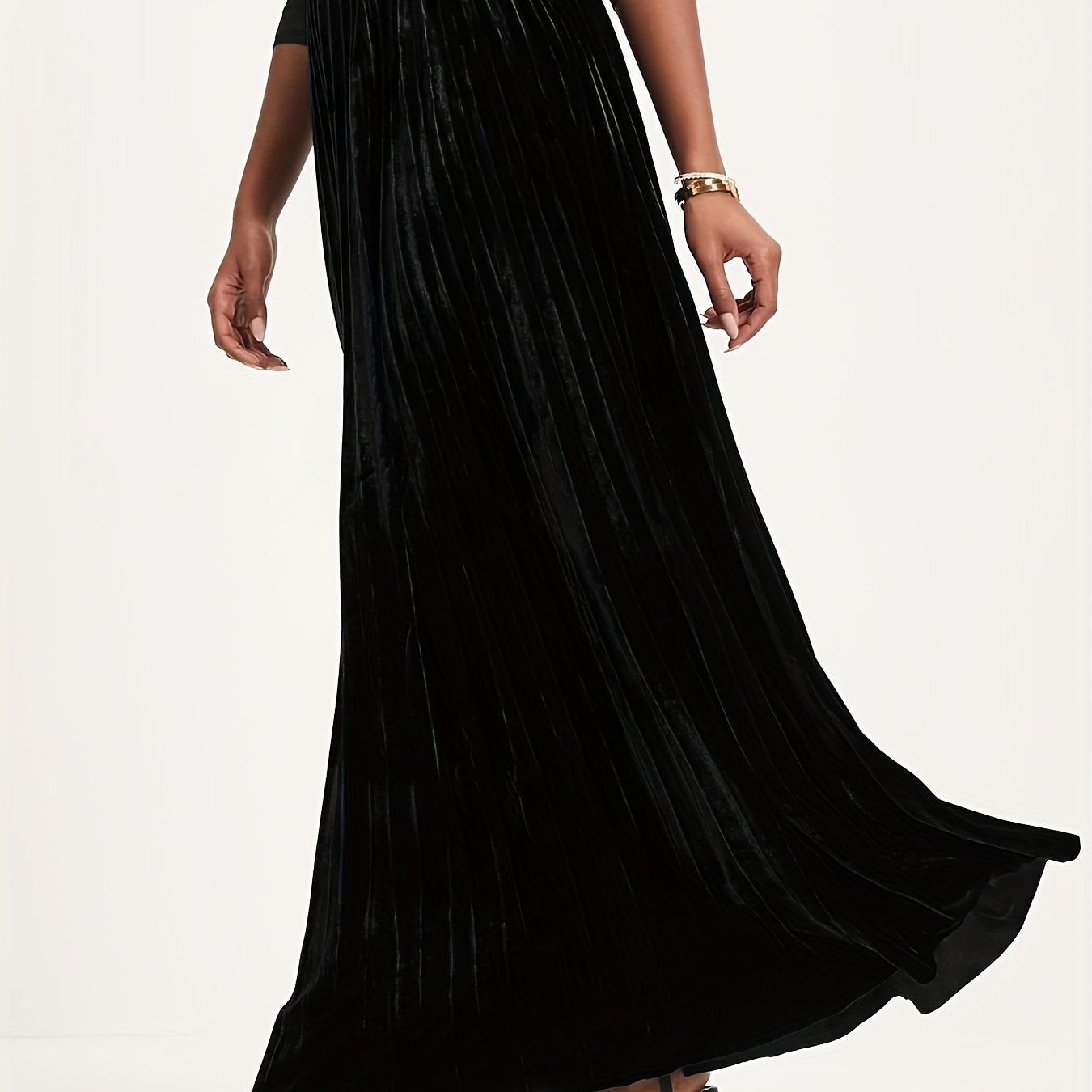vlovelaw  Plus Size Retro Skirt, Women's Plus Solid Velvet Elastic High Rise Maxi Pleated Skirt
