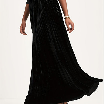 vlovelaw  Plus Size Retro Skirt, Women's Plus Solid Velvet Elastic High Rise Maxi Pleated Skirt