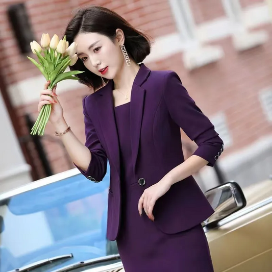 vlovelaw  Elegant Solid Two-piece Dress Set, Button Front Notched Neck Coat & Bag Hip Slim Dress Outfits, Women's Clothing