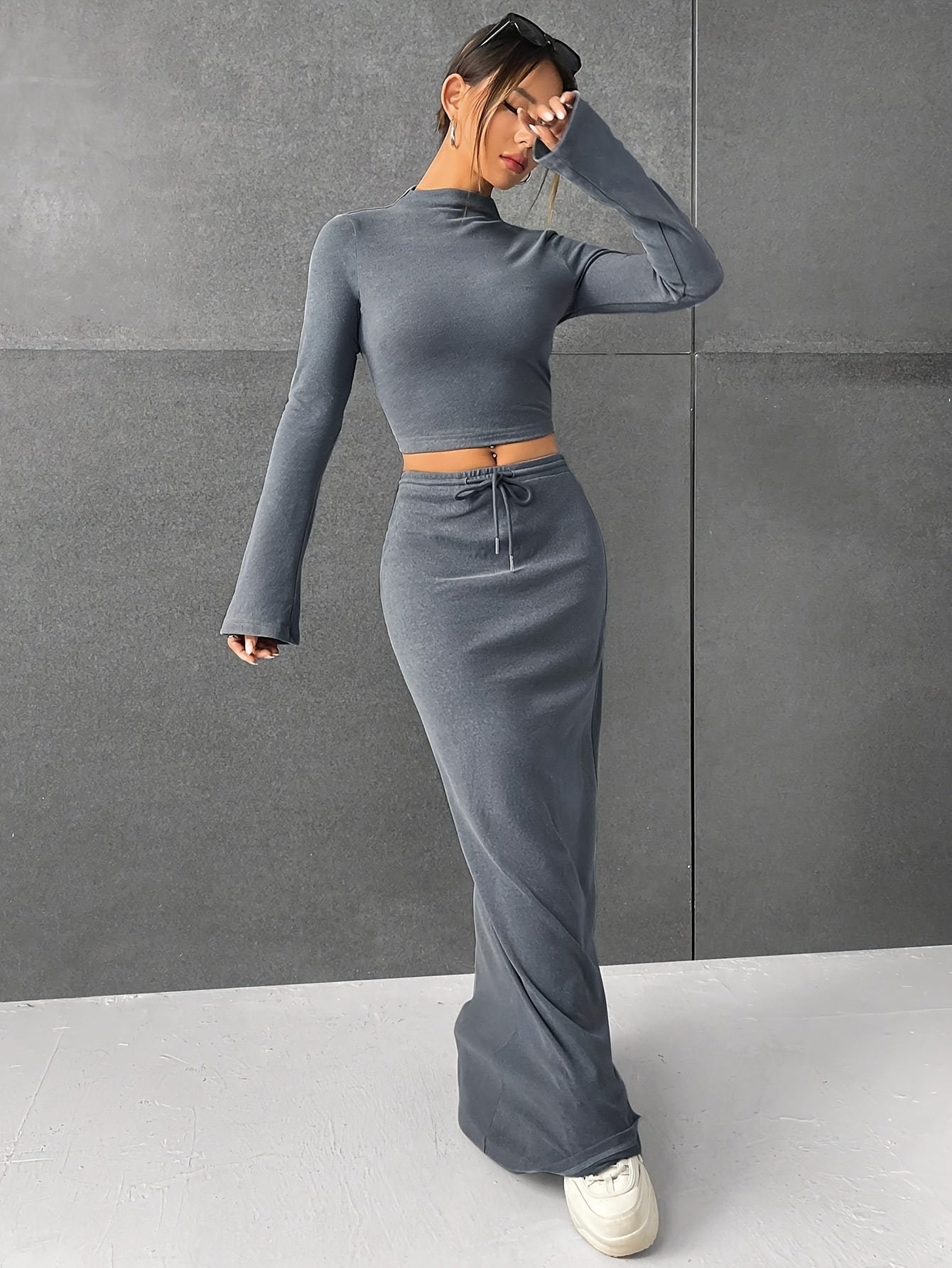 vlovelaw  Solid Color Slim Skirt Set, Crop Long Sleeve Mock Neck Top & Drawstring Maxi Length Fit Skirt Outfits, Women's Clothing