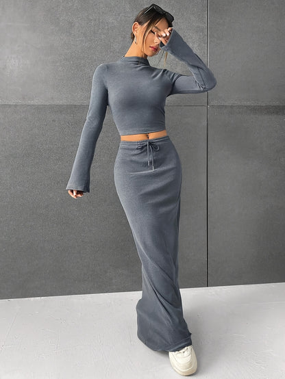 vlovelaw  Solid Color Slim Skirt Set, Crop Long Sleeve Mock Neck Top & Drawstring Maxi Length Fit Skirt Outfits, Women's Clothing