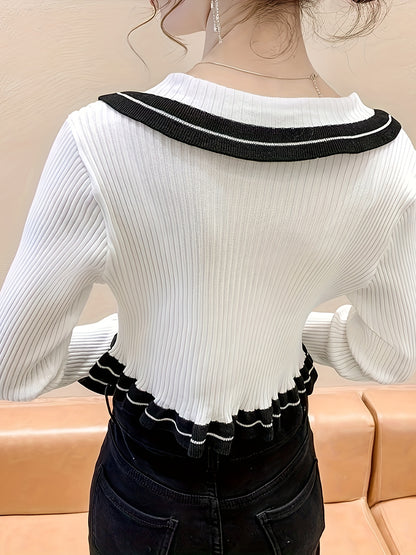 vlovelaw  Color Block Doll Collar Pullover Sweater, Long Sleeve Bow Front Crop Knitted Sweater For Spring & Fall, Women's Clothing