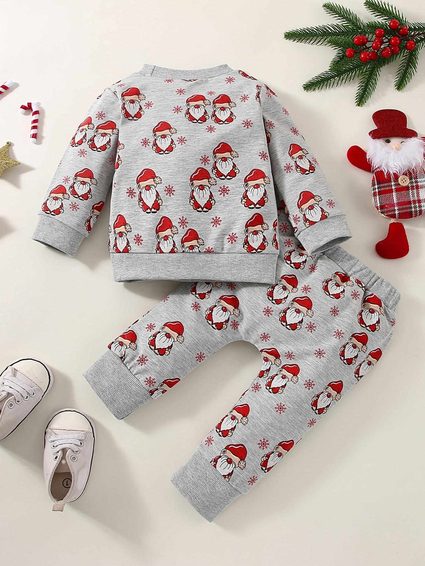 Christmas Baby Boys Cute Allover Santa Claus Print Long Sleeve Sweatshirt Pullover & Long Pants 2pcs Outfit Clothes, Outdoor Cloth
