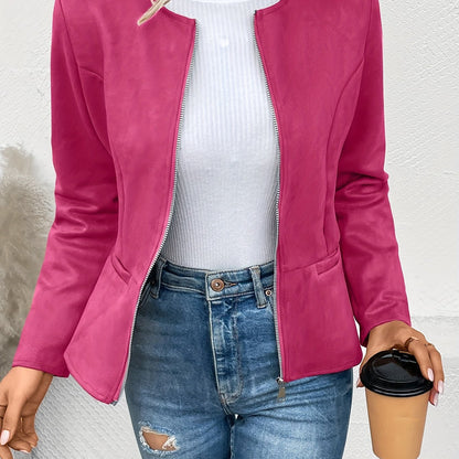 vlovelaw Solid Zip Up Jacket, Casual Long Sleeve Crew Neck Outerwear For Spring & Fall, Women's Clothing