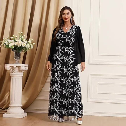 Floral Pattern Kaftan Maxi Dress, Elegant V Neck Long Sleeve Dress, Women's Clothing