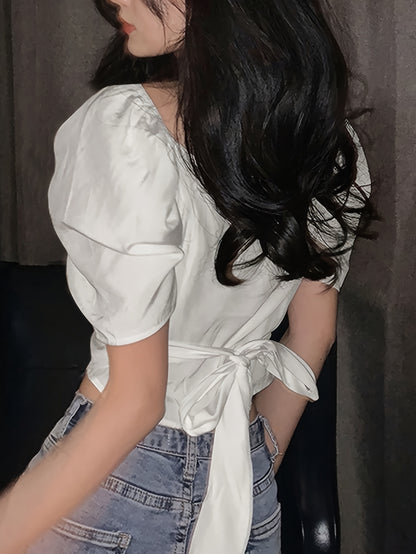 vlovelaw  Solid Ruched V Neck Blouse, Sweet Tie Back Puff Sleeve Blouse For Spring & Summer, Women's Clothing