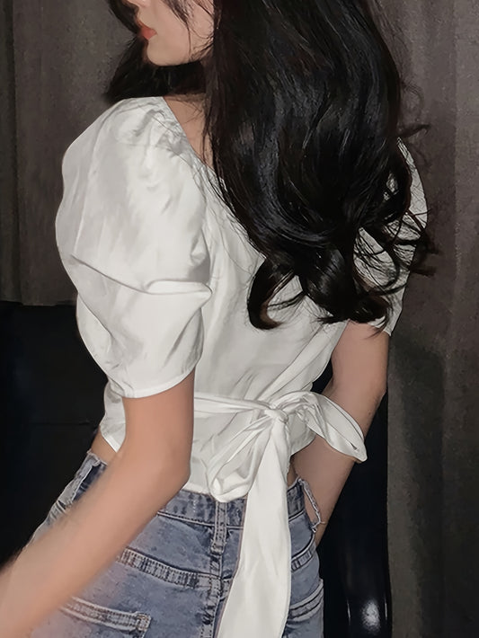 vlovelaw  Solid Ruched V Neck Blouse, Sweet Tie Back Puff Sleeve Blouse For Spring & Summer, Women's Clothing