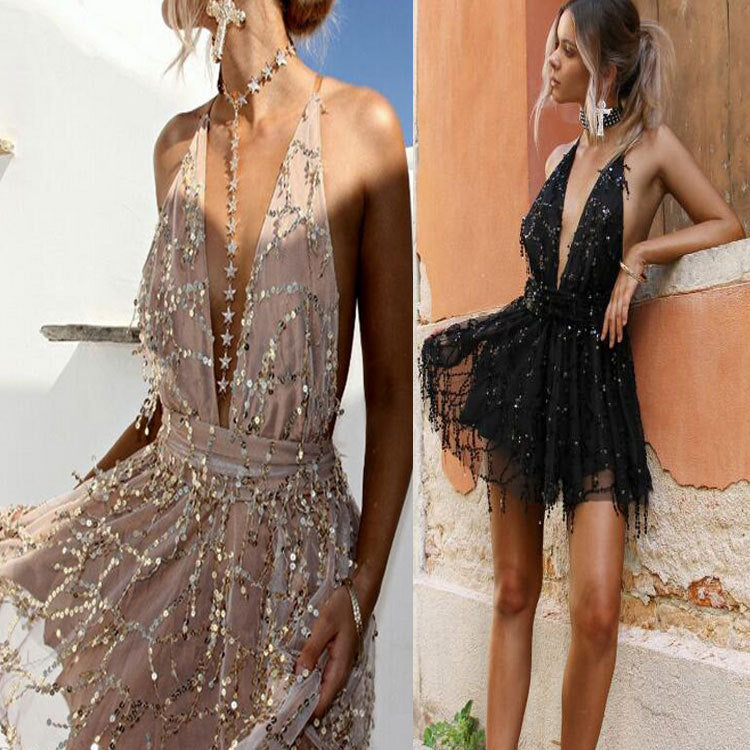 2025 Cross-border new  new suspender nightclub sequins deep V-neck sexy strap backless pendulum dress short skirt