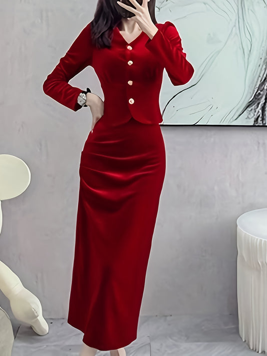 vlovelaw  Solid Bodycon Two-piece Set, Button Front Long Sleeve Tops & High Waist Midi Skirts Outfits, Women's Clothing