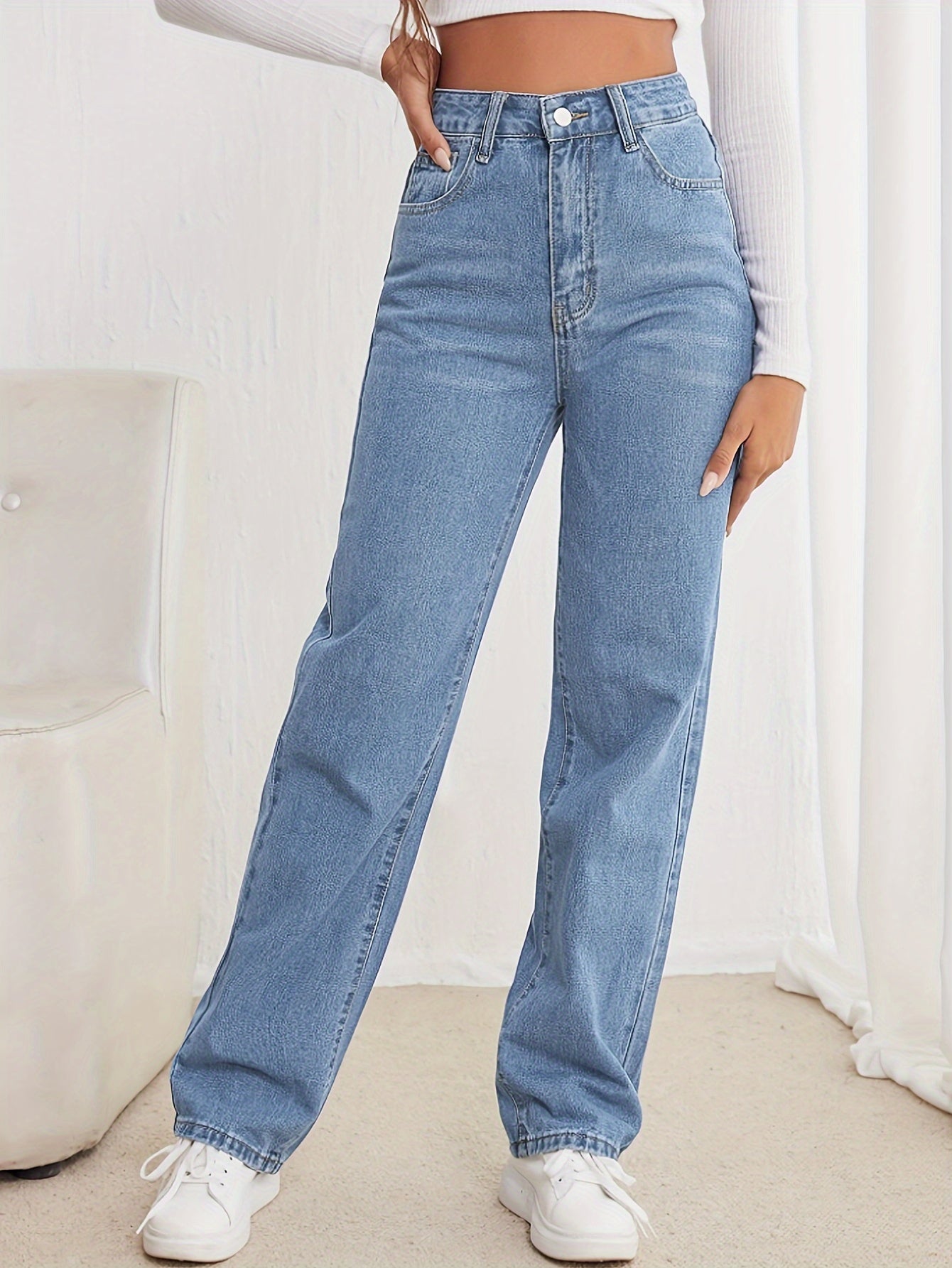 vlovelaw  High Waist Casual Straight Jeans, Loose Fit Slant Pockets Tight Jeans, Women's Denim Jeans & Clothing