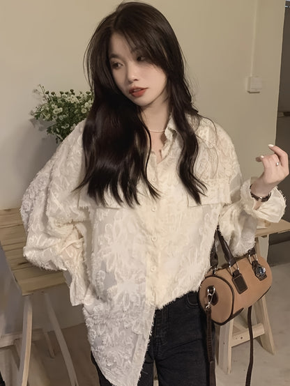 vlovelaw Floral Pattern Button Front Lace Blouse, Elegant Long Sleeve Loose Stylish Top, Women's Clothing