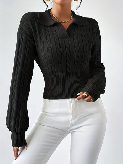 Twist Textured V Neck Knitted Top, Casual Long Sleeve Sweater For Fall & Winter, Women's Clothing