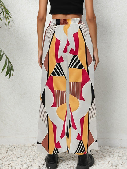 vlovelaw  Geo Print Wide Leg Pants, Casual High Waist Loose Pants For Spring & Summer, Women's Clothing