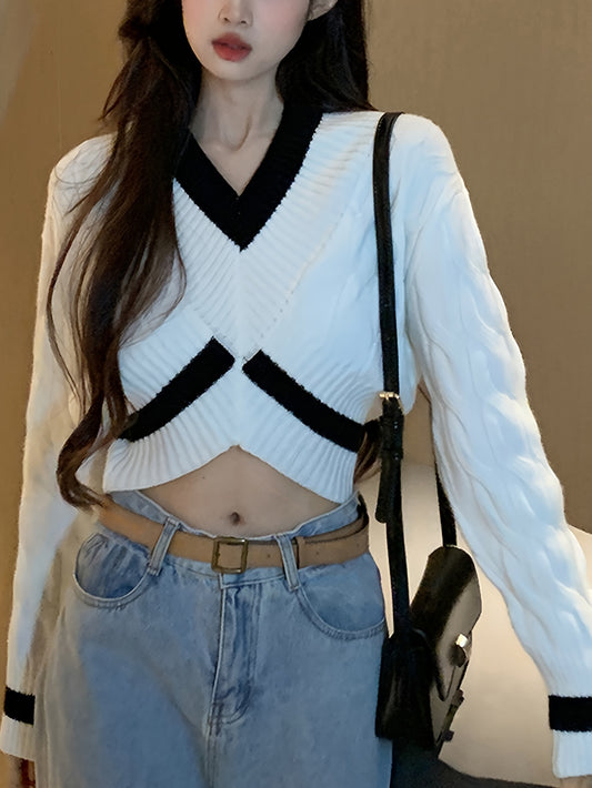 vlovelaw Color Block V Neck Pullover Sweater, Casual Long Sleeve Drop Shoulder Sweater, Women's Clothing