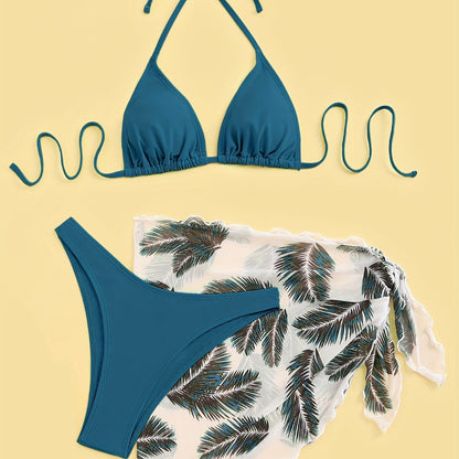 Three-Piece Bikini Set - Flattering Halter Neck Design, Ultra Quick-Drying Technology, Comfortable Four-Way Stretch Fabric - Designed for Women, Vibrant Feather Print Pattern, Matching Cover Up Skirt, Perfect for Beachwear and Poolside Fashion
