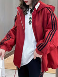 Striped Print Zip Up Jacket, Casual Drawstring Hooded Jacket, Women's Clothing