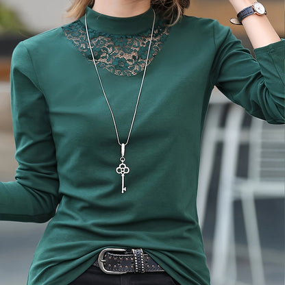 vlovelaw  Solid Long Sleeve Lace T-Shirt, Casual Every Day Top For Spring & Fall, Women's Clothing