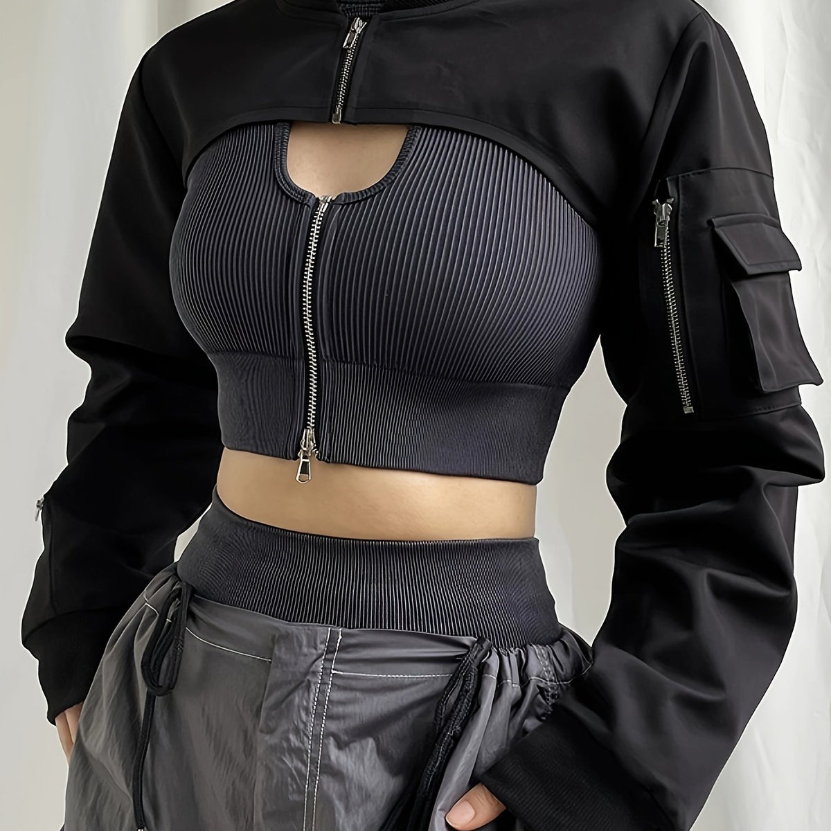 vlovelaw  Solid Flap Pockets Crop Jacket, Versatile Long Sleeve Zipper Cropped Bomber Jacket, Women's Clothing