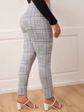 vlovelaw Plus Size Casual Pants, Women's Plus Houndstooth Print High Waist Medium Stretch Slim Fit Pants