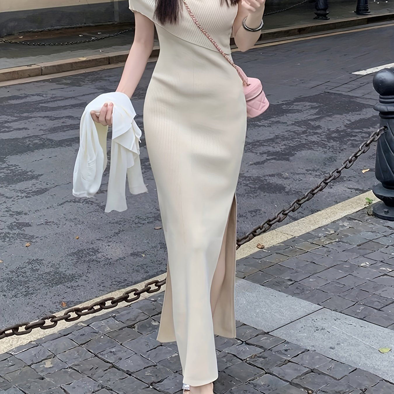 Solid Color One-shoulder Dress, Chic Skew Neck Split Hem Slim Dress, Women's Clothing