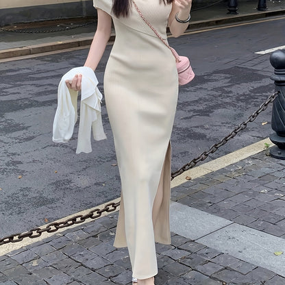 Solid Color One-shoulder Dress, Chic Skew Neck Split Hem Slim Dress, Women's Clothing