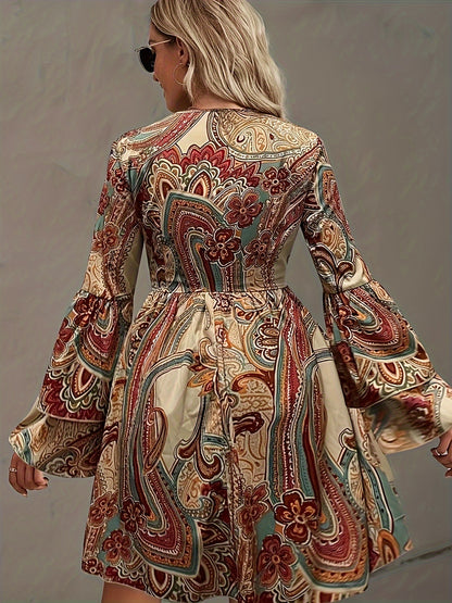 vlovelaw  Paisley Print V Neck Dress, Elegant Layered Ruffle Sleeve Dress For Spring & Fall, Women's Clothing