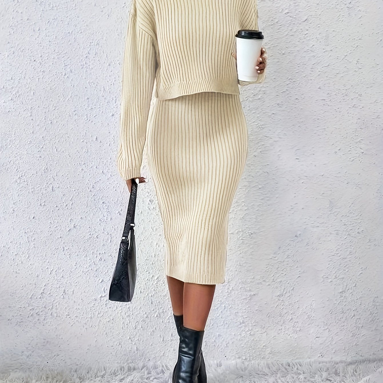 Casual Sweater Two-piece Set, Turtleneck Long Sleeve Tops & Sleeveless Bodycon Dress Outfits, Women's Clothing
