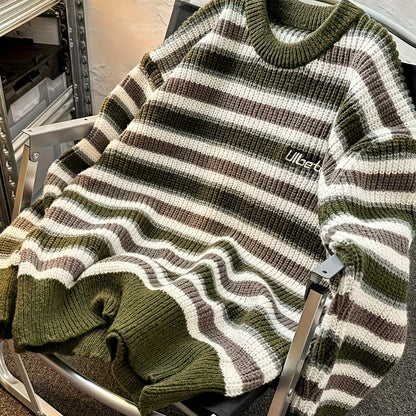vlovelaw  Men's Stylish Loose Stripe Pattern Knitted Sweater, Casual Breathable Long Sleeve Crew Neck Top For City Walk Street Hanging Outdoor Activities